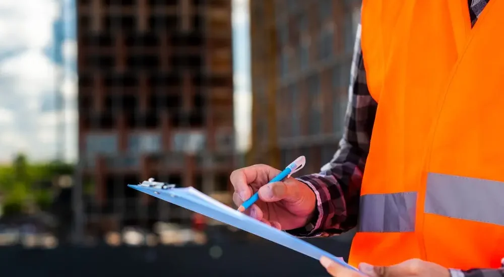 Engenheiro civil com prancheta e caneta na mão realizando perícia em uma obra