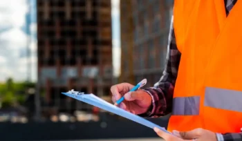 Engenheiro civil com prancheta e caneta na mão realizando perícia em uma obra